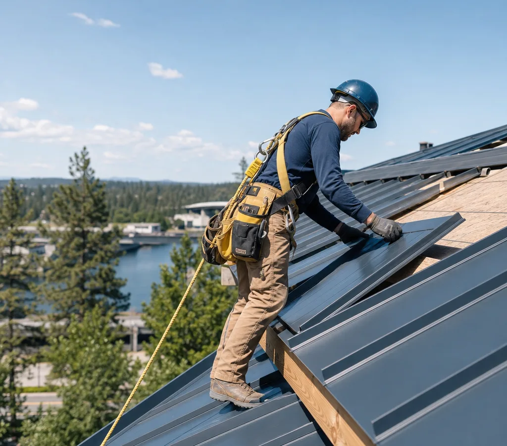 Installer placing standing seam metal roof panels on a Spokane home while using fall protection