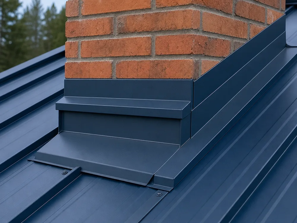 Close-up of clean metal roof chimney flashing and matching standing seam panels