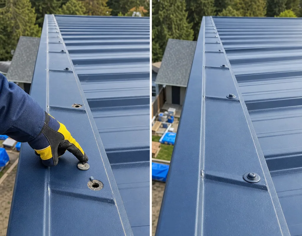 Before and after of backed-out metal roof fasteners corrected with properly seated fasteners and intact washers