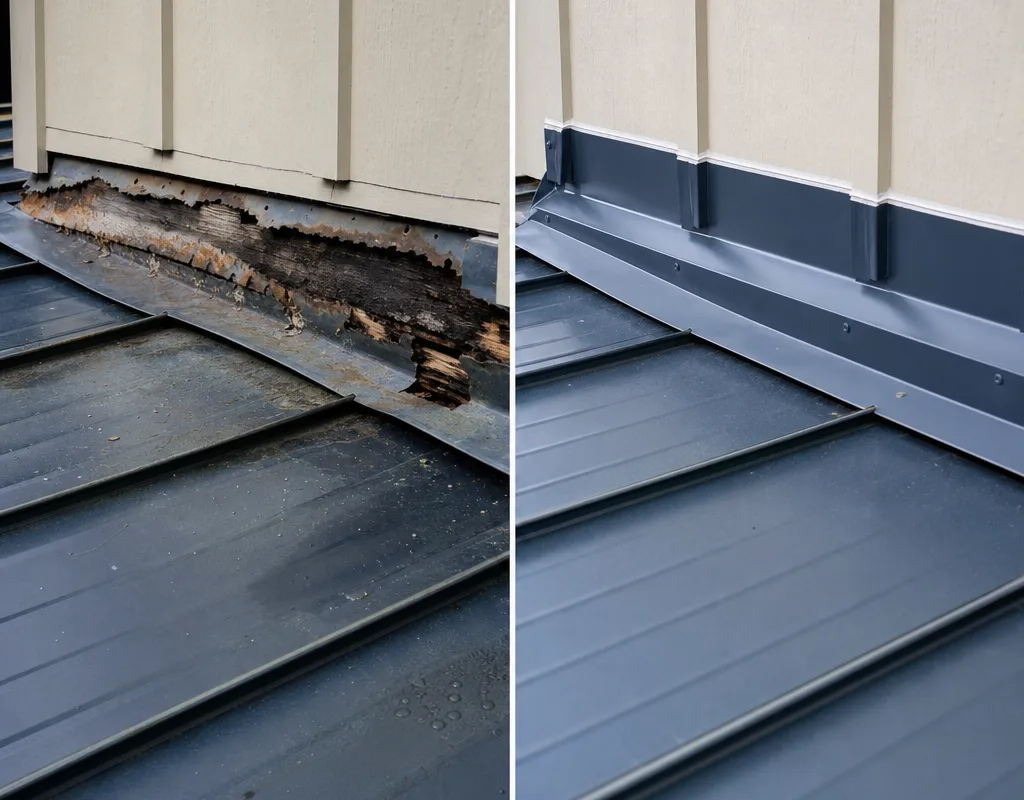 Before and after of a roof-to-wall flashing leak rebuilt with properly lapped flashing