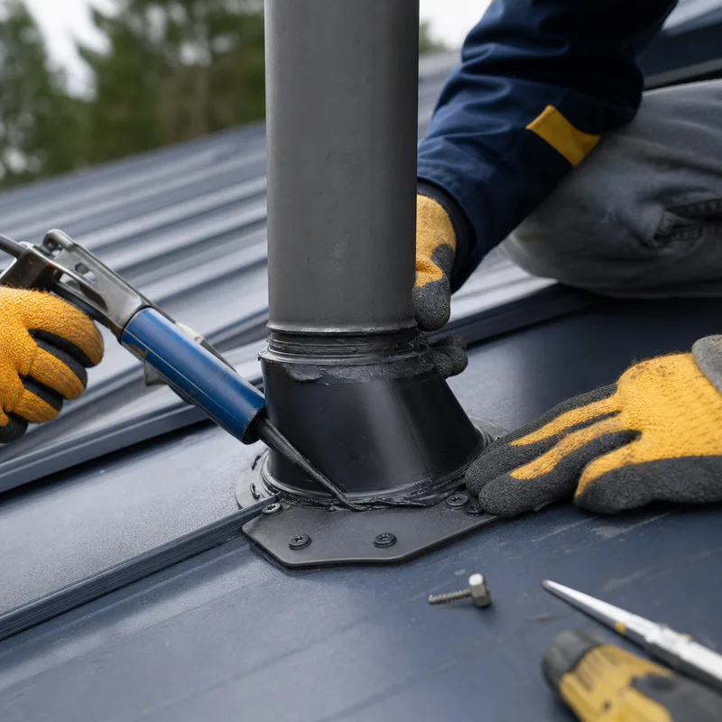Careful repair of a metal roof vent penetration with compatible sealing and fastening materials