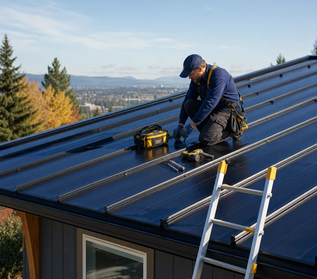 Spokane technician safely inspecting a residential metal roof with repair tools staged nearby