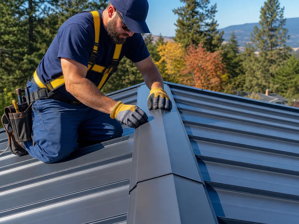 Finished residential roof repair with straight seams and a clean restored ridge and edge detail