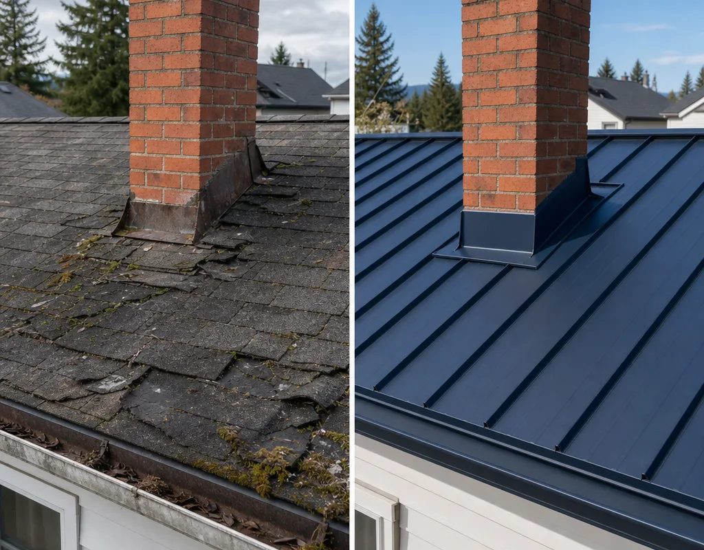 Older roof replaced with a new metal system and improved chimney flashing and drip edge details