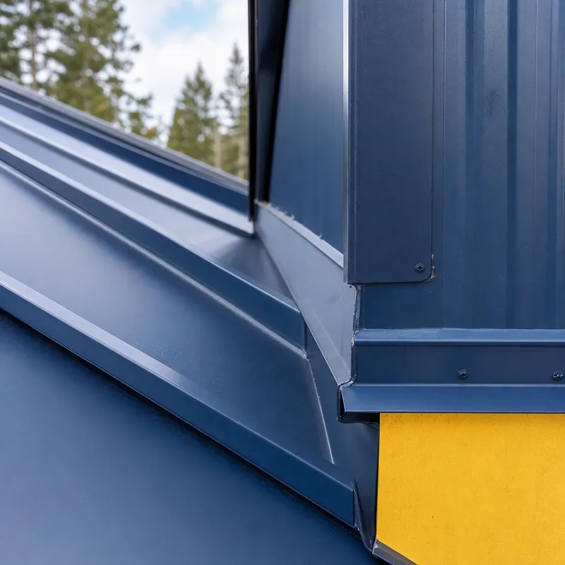 Standing seam roof valley and sidewall flashing with clean hemmed edges and neat fastening details