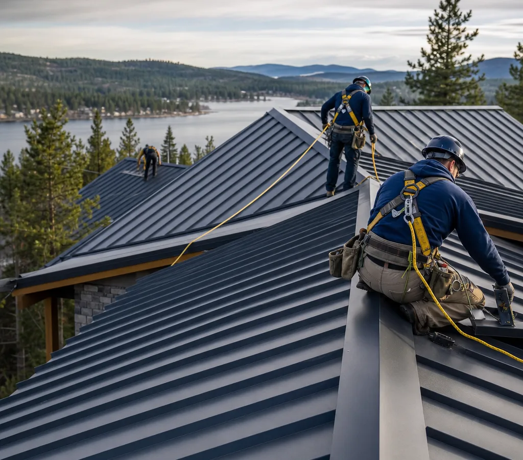 Crew installing standing seam metal roofing on a Spokane-area home with proper fall protection