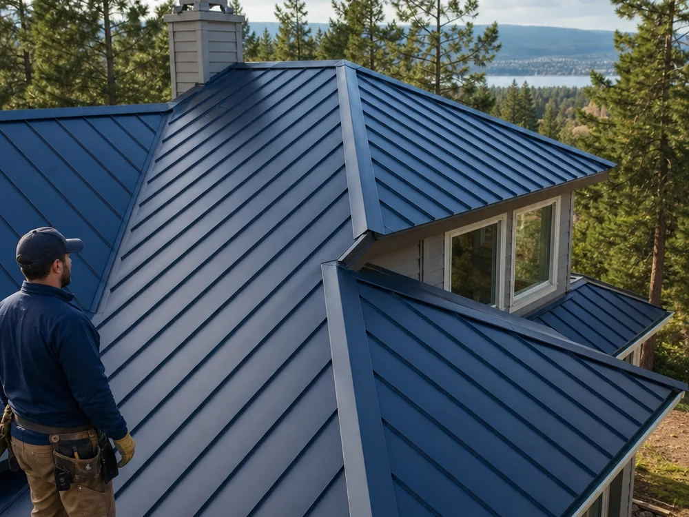 Finished standing seam roof on a Spokane home with clean ridge lines and consistent panel spacing