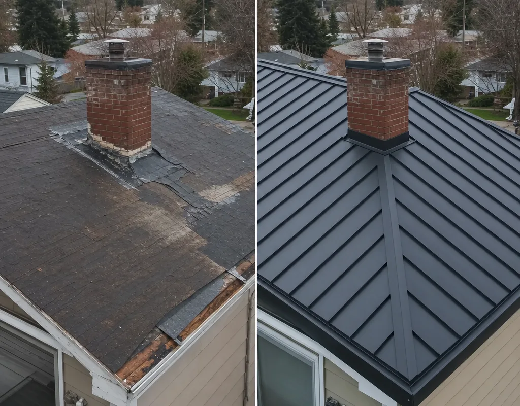Before and after of a Spokane home with a worn patched roof replaced by a roof with crisp edges, new flashing, and consistent courses