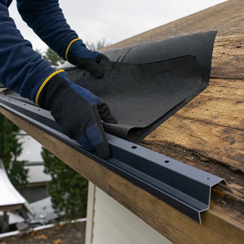 Roof replacement tear-off exposing deck condition at an eave as ice and water membrane is installed beside new drip edge