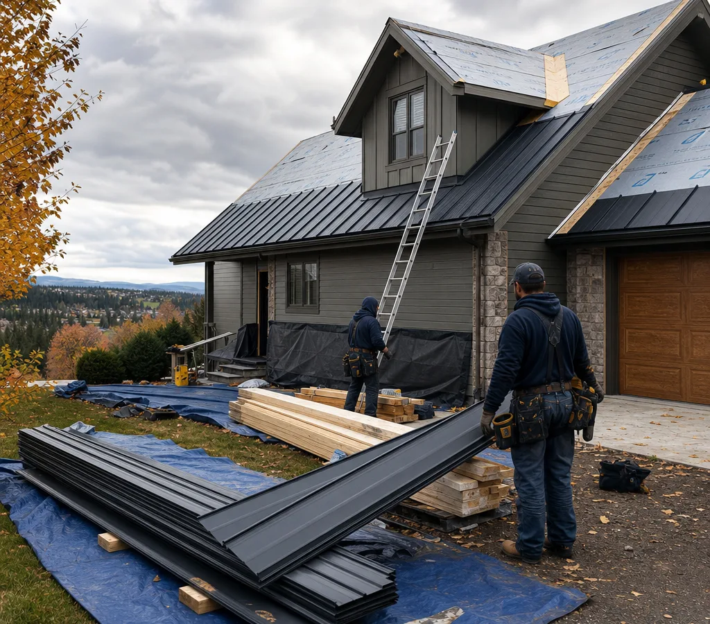Crew staging roof replacement materials beside a Spokane-area home with fall weather, fall protection, underlayment, metal panels, and ground protection in place