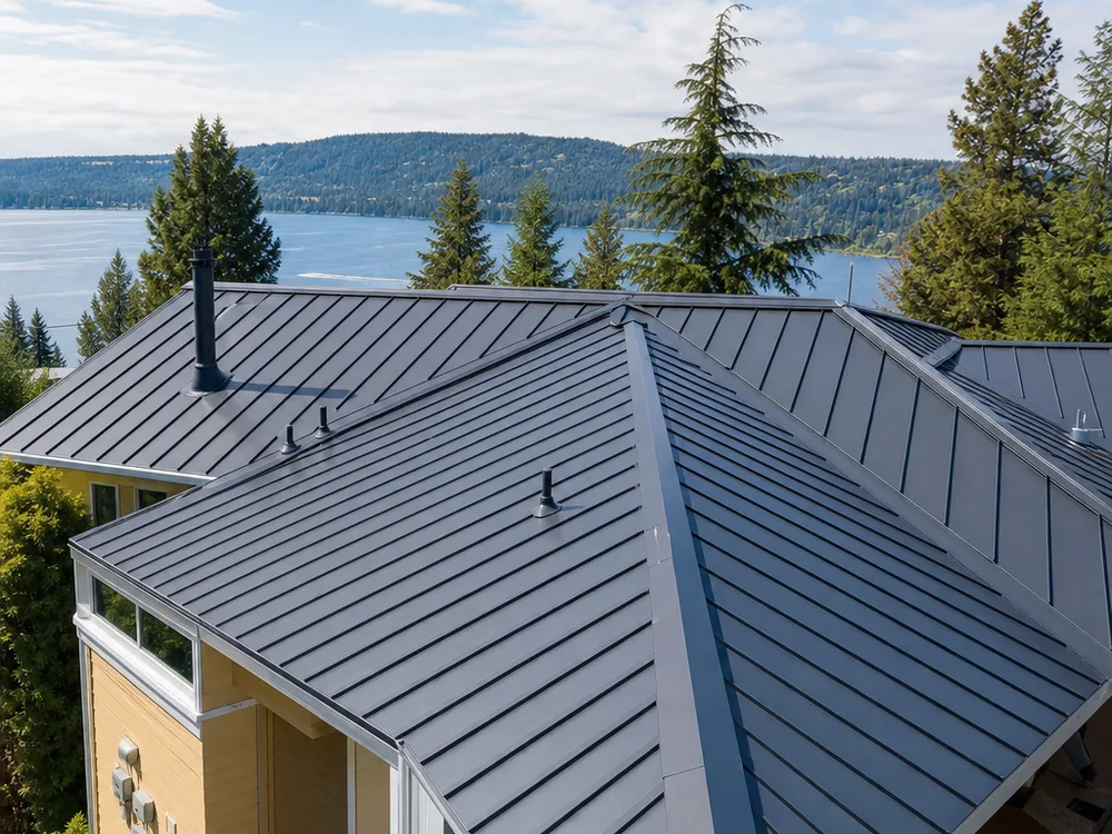 Finished roof replacement with straight valleys, a properly terminated ridge cap, and clean plumbing vent penetrations