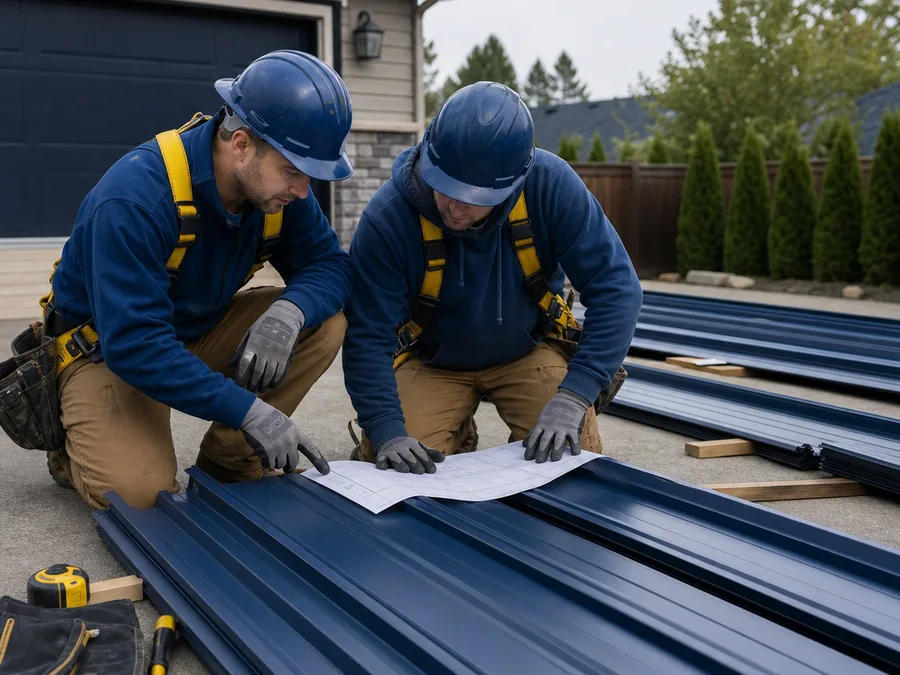 Roofing crew in safety gear reviewing metal panel measurements and layout in Spokane